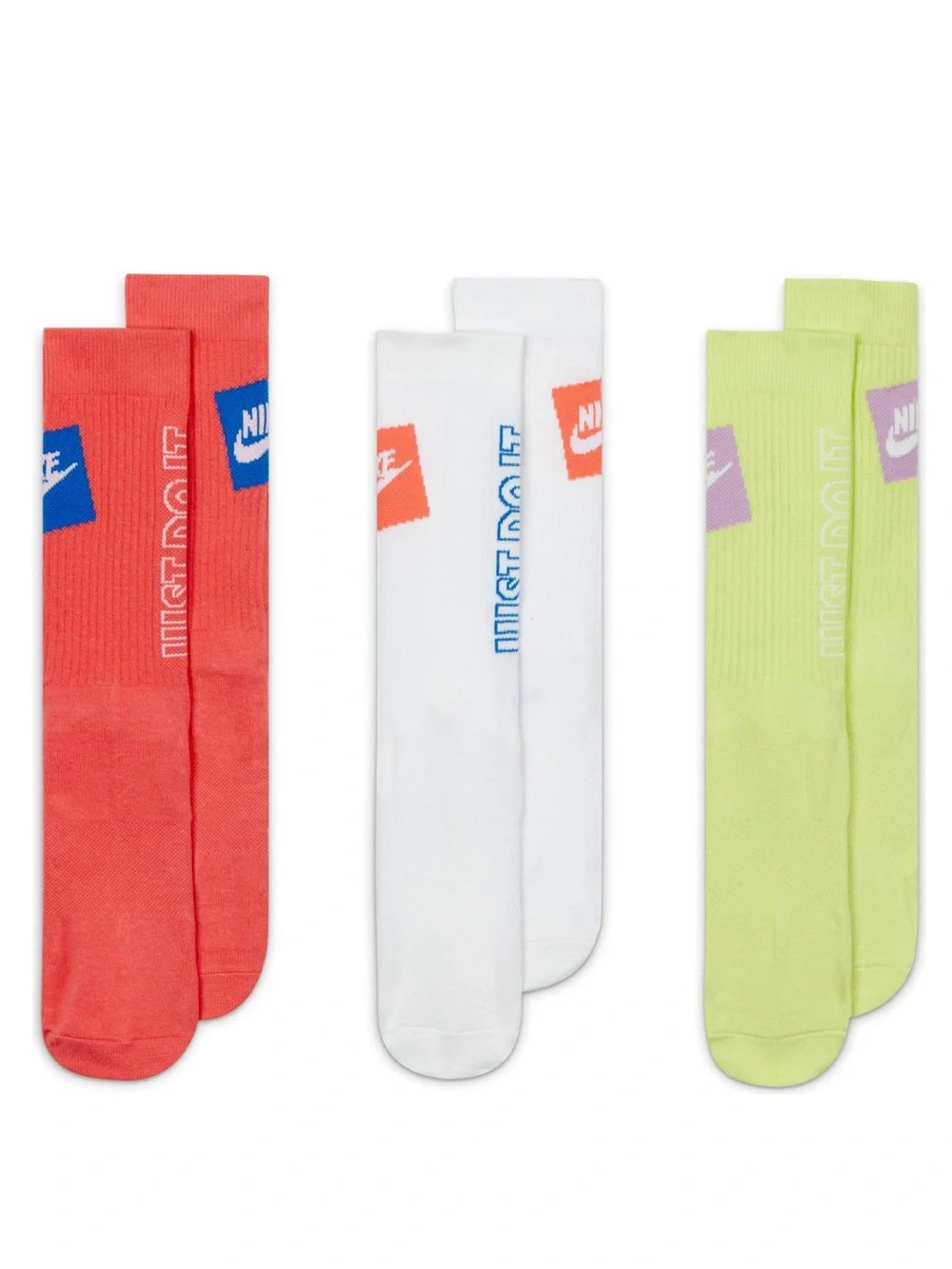 Nike Crew Socks Trio - Red, White, Lime with 'Just Do It' Branding